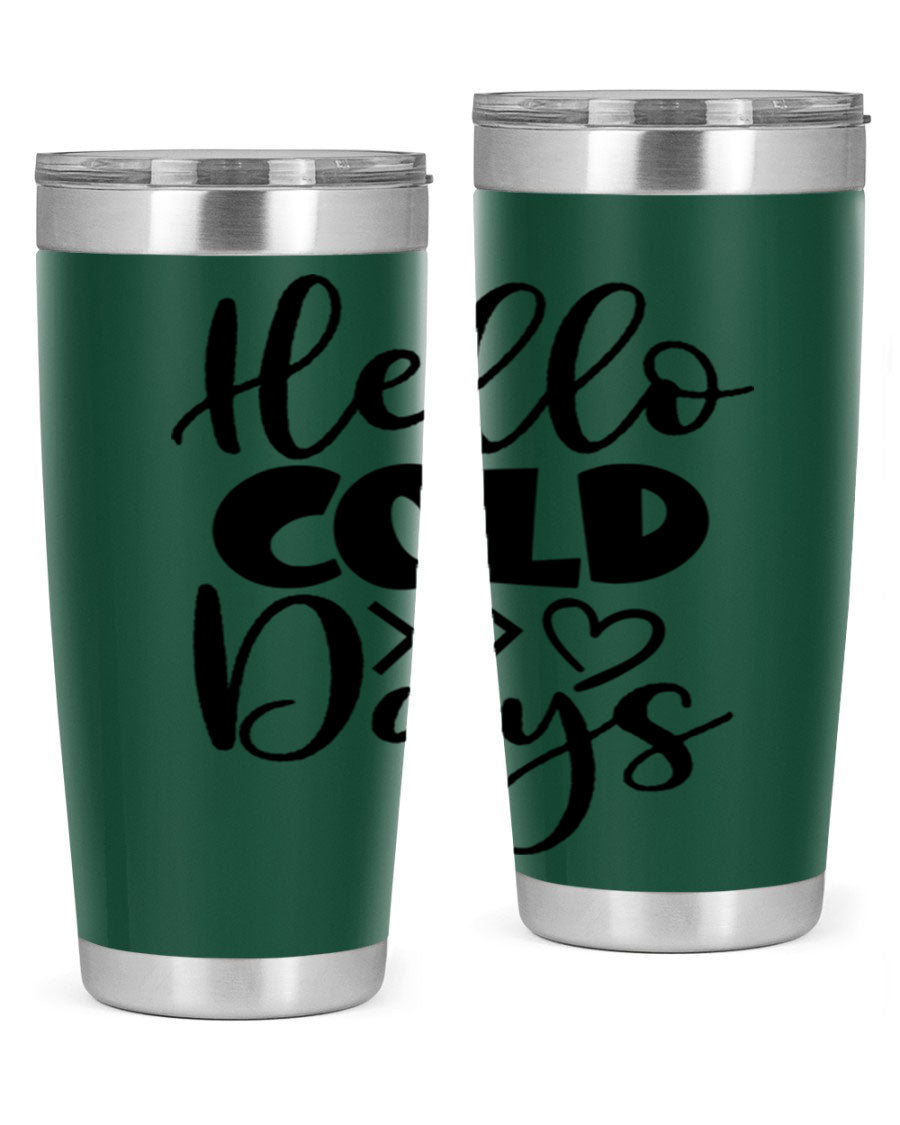 Hello Cold Days 149# winter tumbler in stainless steel with a drink-thru lid, showcasing its sleek design and insulation features.