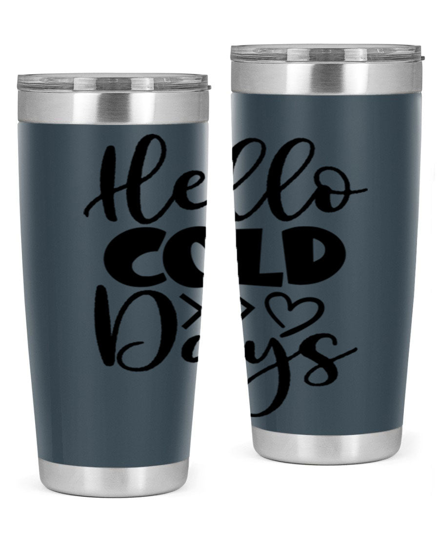 Hello Cold Days 149# winter tumbler in stainless steel with a drink-thru lid, showcasing its sleek design and insulation features.