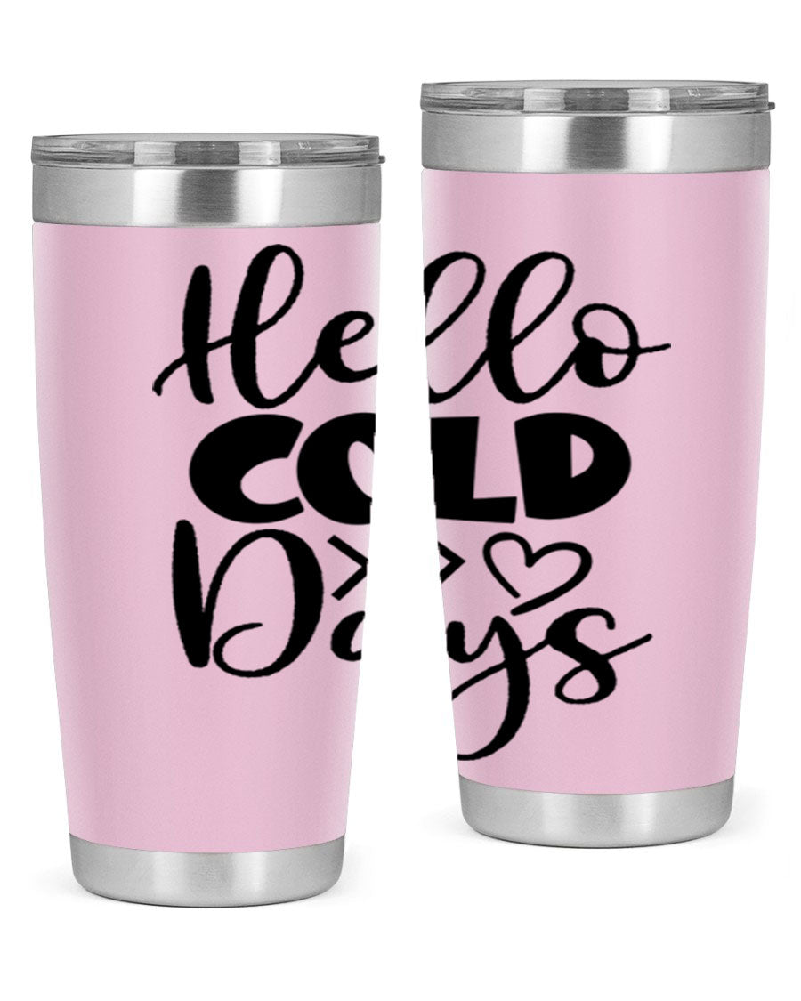 Hello Cold Days 149# winter tumbler in stainless steel with a drink-thru lid, showcasing its sleek design and insulation features.
