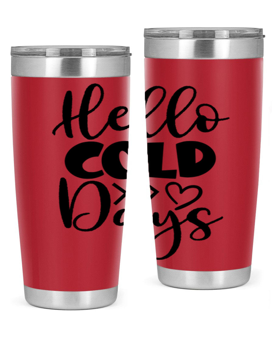 Hello Cold Days 149# winter tumbler in stainless steel with a drink-thru lid, showcasing its sleek design and insulation features.