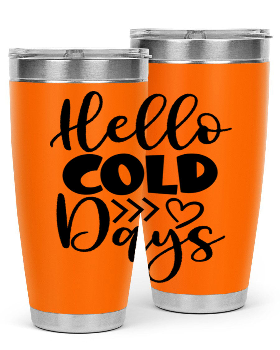 Hello Cold Days 149# winter tumbler in stainless steel with a drink-thru lid, showcasing its sleek design and insulation features.