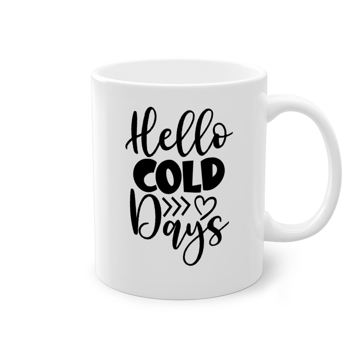 Hello Cold Days 149# winter mug with two-tone design, featuring a colored handle and glossy finish, available in multiple colors.