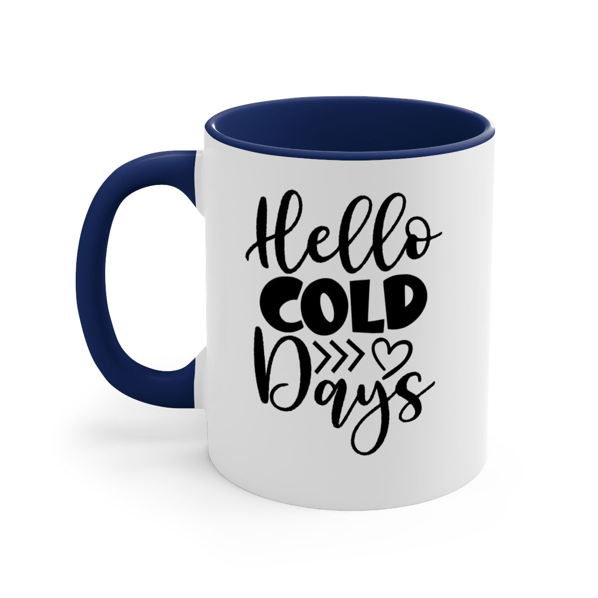 Hello Cold Days 149# winter mug with two-tone design, featuring a colored handle and glossy finish, available in multiple colors.