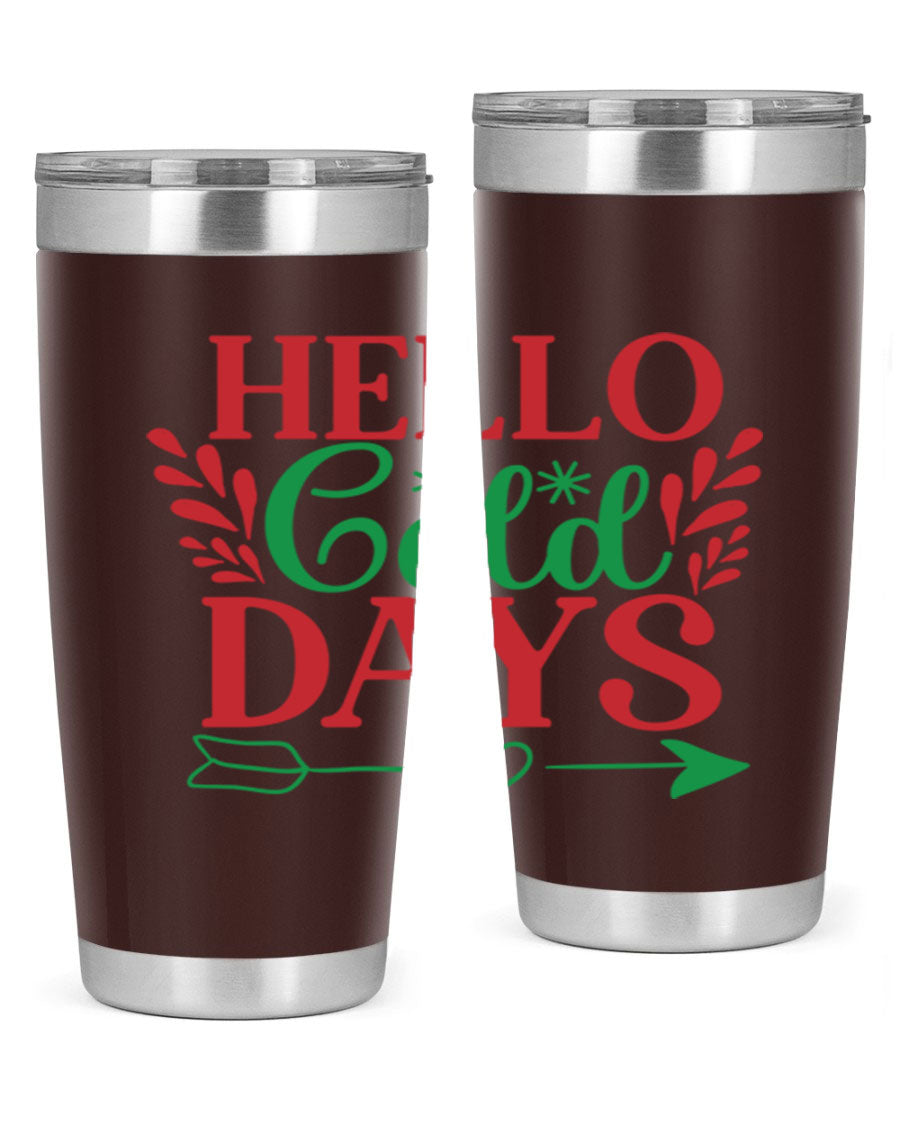 Hello Cold Days 153# Winter Tumbler in stainless steel with a drink-thru lid, showcasing its sleek design and double wall insulation.