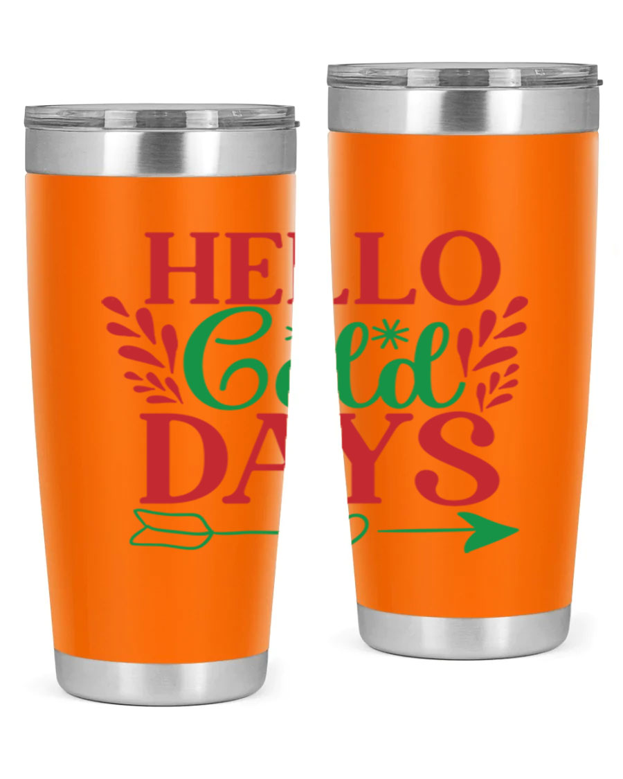 Hello Cold Days 153# Winter Tumbler in stainless steel with a drink-thru lid, showcasing its sleek design and double wall insulation.