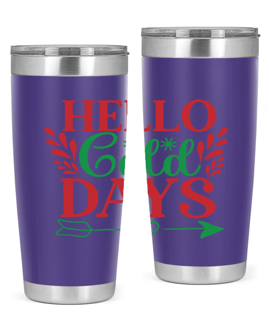 Hello Cold Days 153# Winter Tumbler in stainless steel with a drink-thru lid, showcasing its sleek design and double wall insulation.