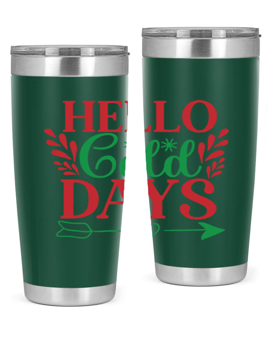 Hello Cold Days 153# Winter Tumbler in stainless steel with a drink-thru lid, showcasing its sleek design and double wall insulation.
