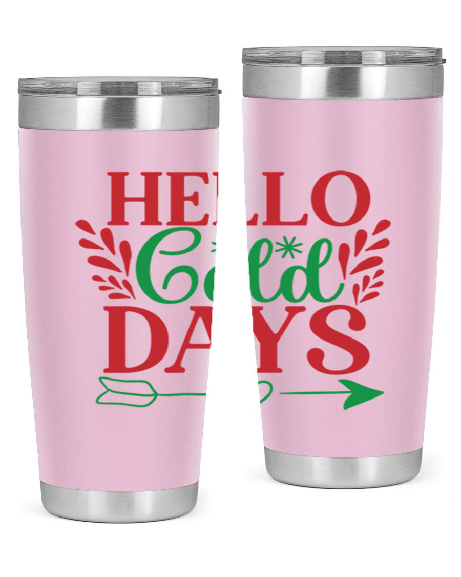 Hello Cold Days 153# Winter Tumbler in stainless steel with a drink-thru lid, showcasing its sleek design and double wall insulation.