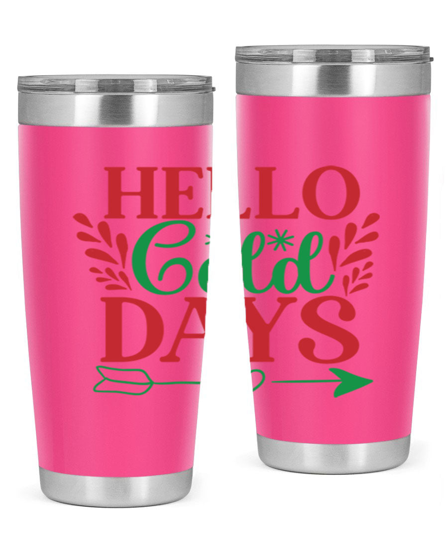 Hello Cold Days 153# Winter Tumbler in stainless steel with a drink-thru lid, showcasing its sleek design and double wall insulation.