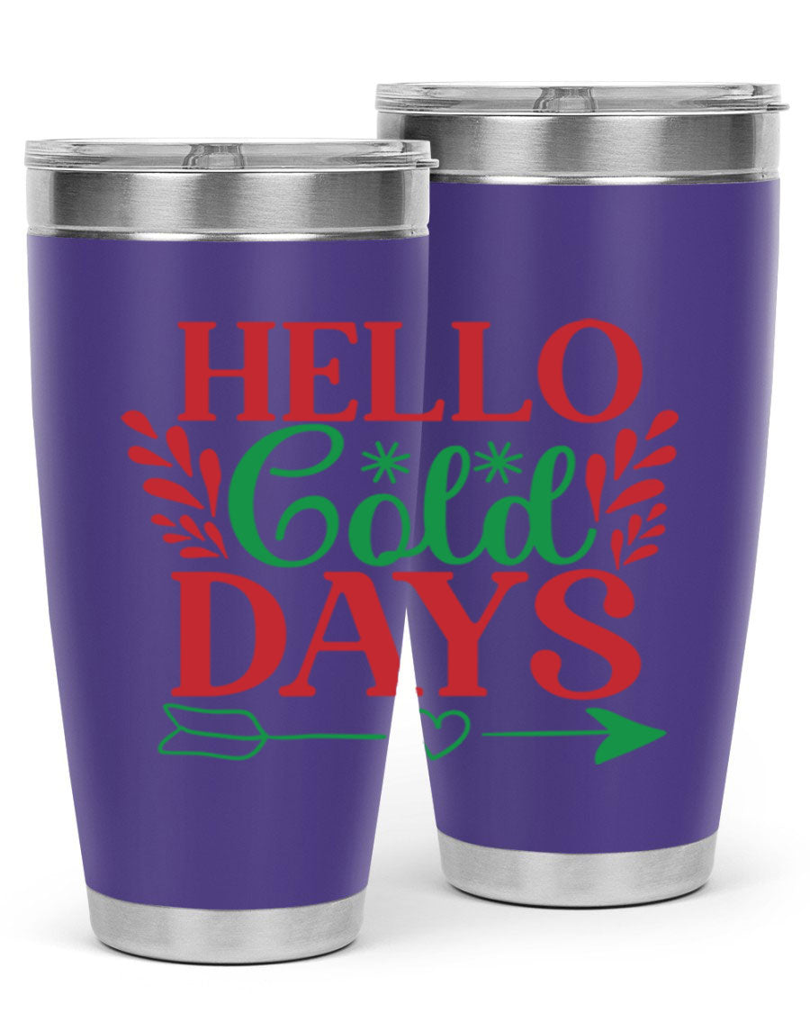 Hello Cold Days 153# Winter Tumbler in stainless steel with a drink-thru lid, showcasing its sleek design and double wall insulation.