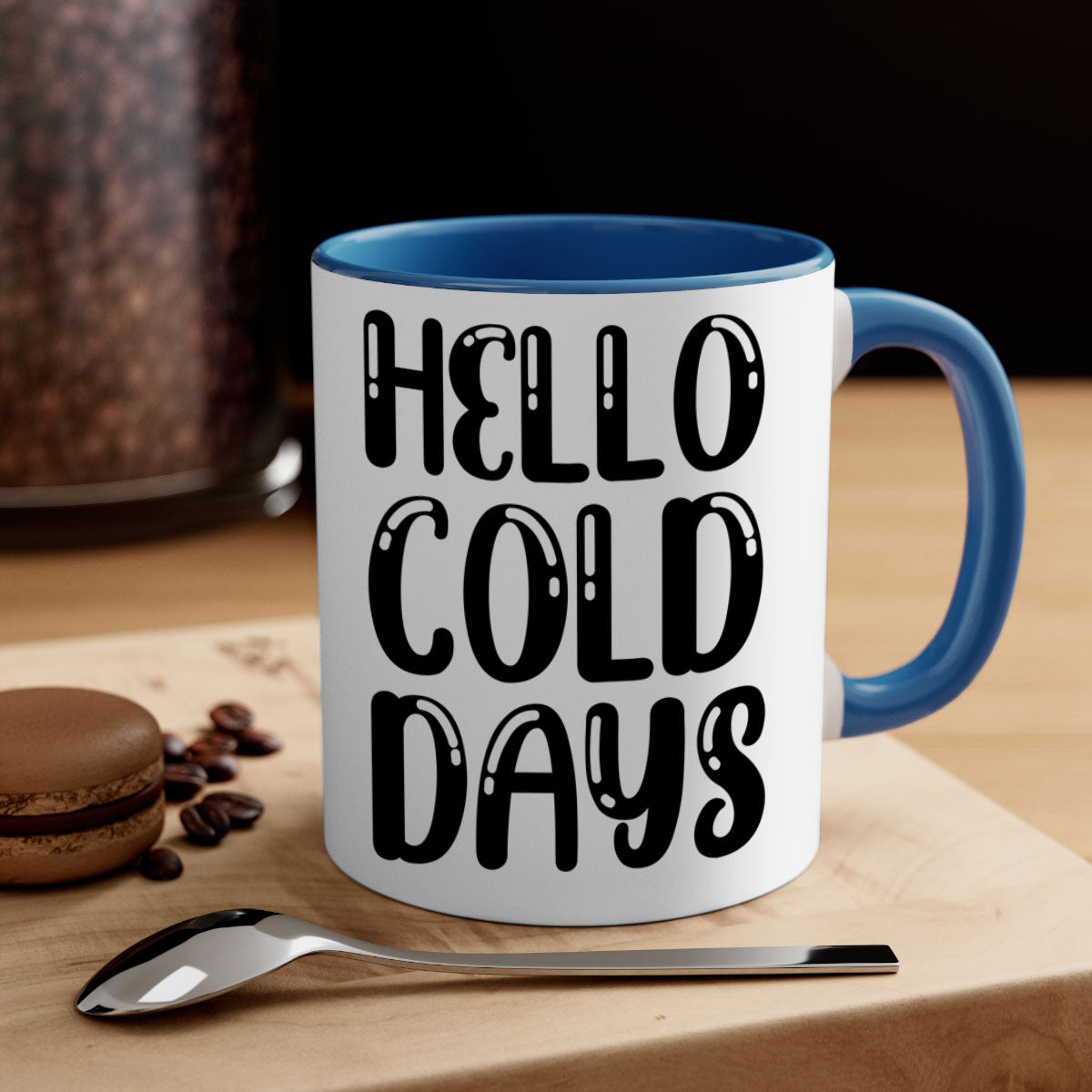 Hello Cold Days 175# winter mug with a glossy finish, featuring a colored handle and interior, available in five vibrant colors.