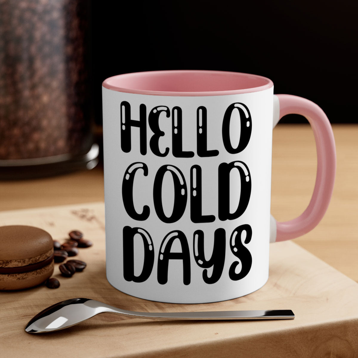 Hello Cold Days 175# winter mug with a glossy finish, featuring a colored handle and interior, available in five vibrant colors.