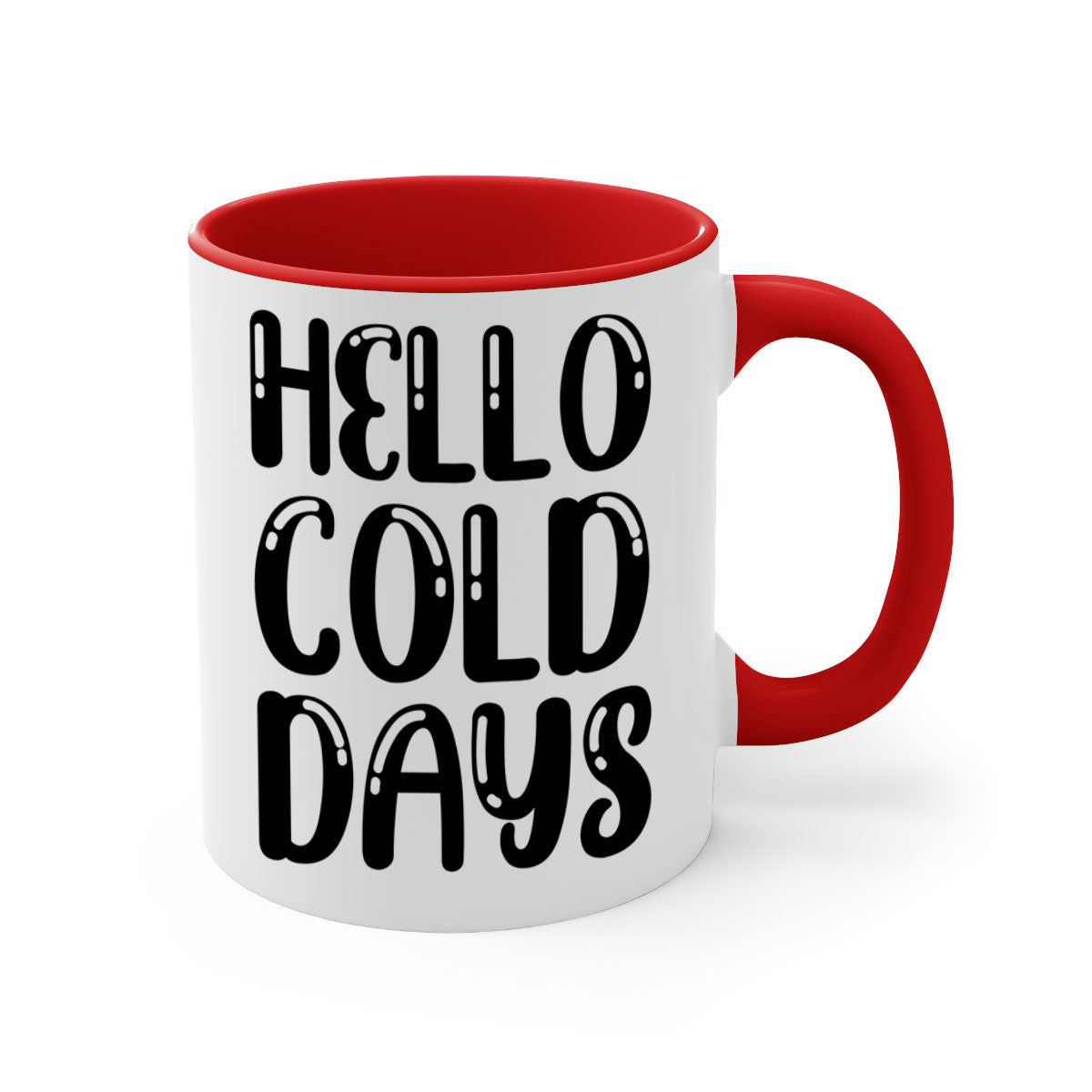 Hello Cold Days 175# winter mug with a glossy finish, featuring a colored handle and interior, available in five vibrant colors.