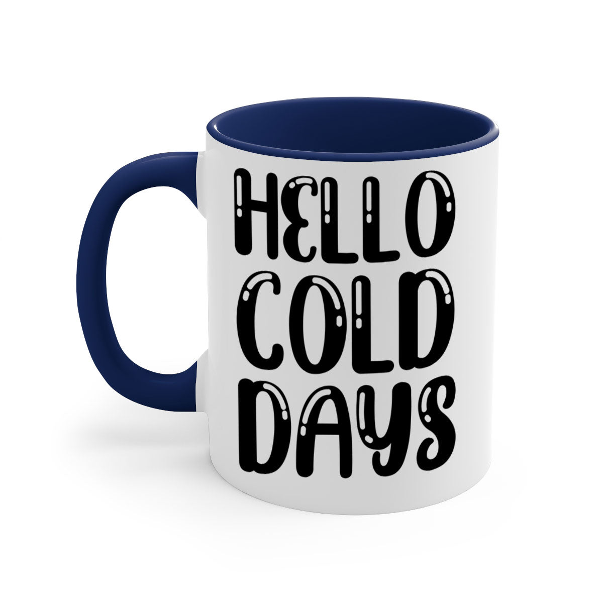 Hello Cold Days 175# winter mug with a glossy finish, featuring a colored handle and interior, available in five vibrant colors.