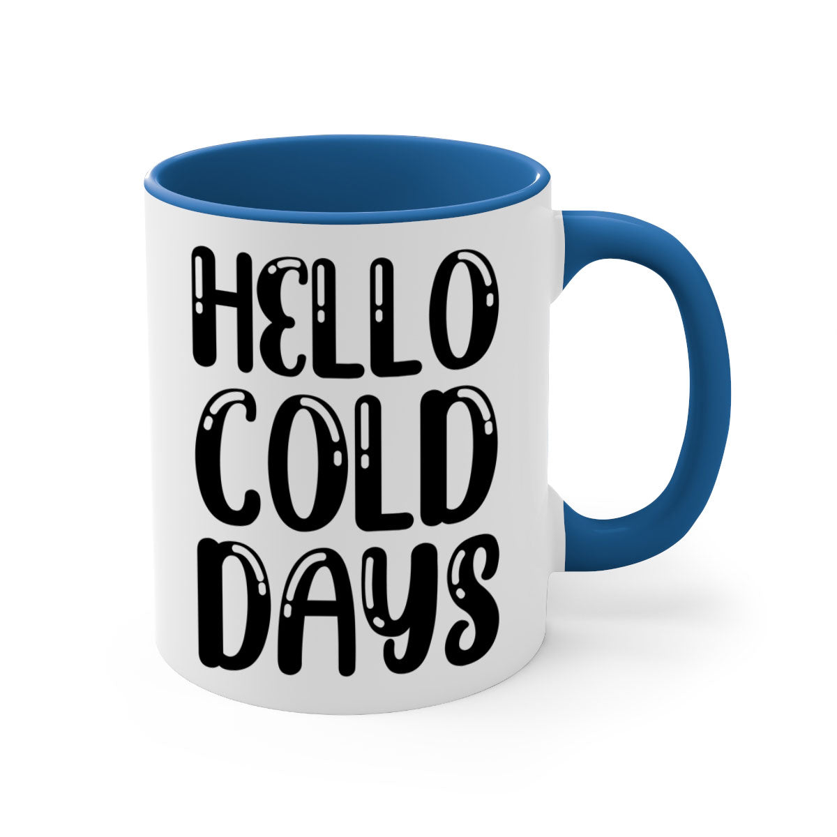 Hello Cold Days 175# winter mug with a glossy finish, featuring a colored handle and interior, available in five vibrant colors.