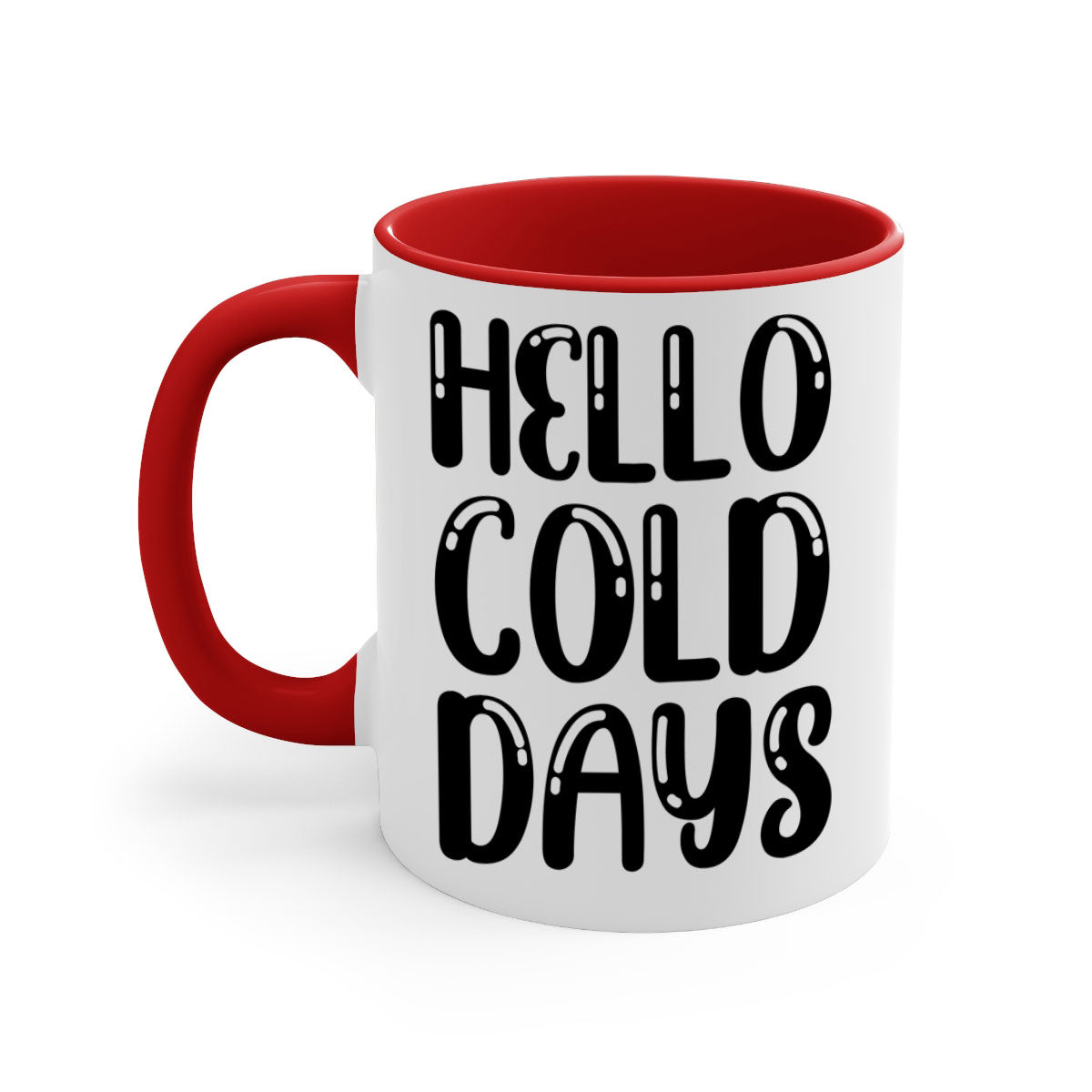 Hello Cold Days 175# winter mug with a glossy finish, featuring a colored handle and interior, available in five vibrant colors.