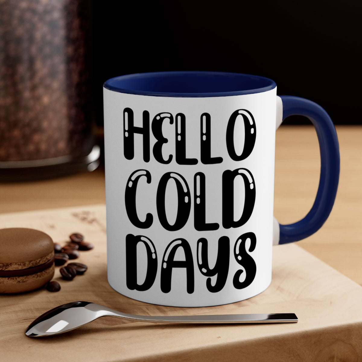 Hello Cold Days 175# winter mug with a glossy finish, featuring a colored handle and interior, available in five vibrant colors.