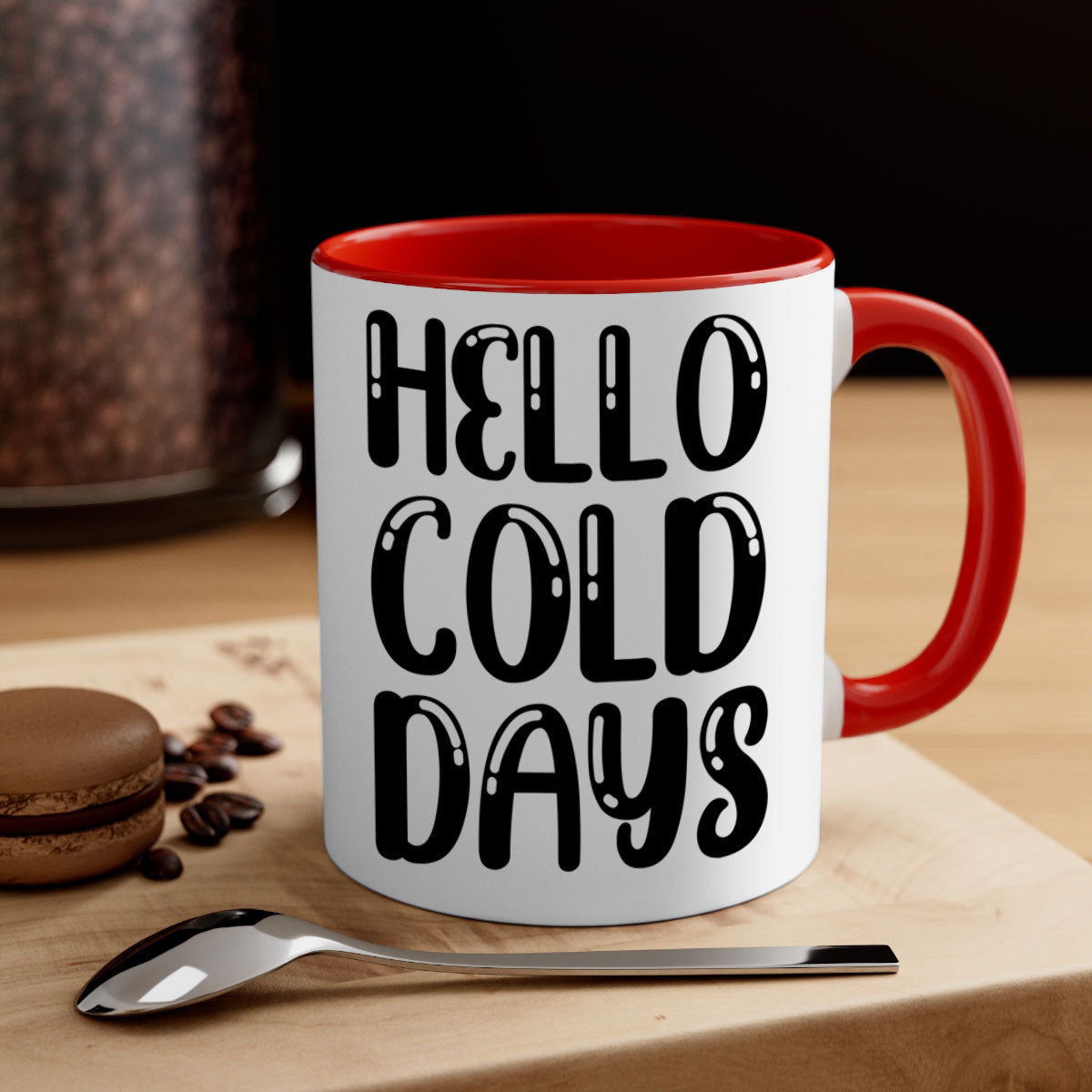 Hello Cold Days 175# winter mug with a glossy finish, featuring a colored handle and interior, available in five vibrant colors.
