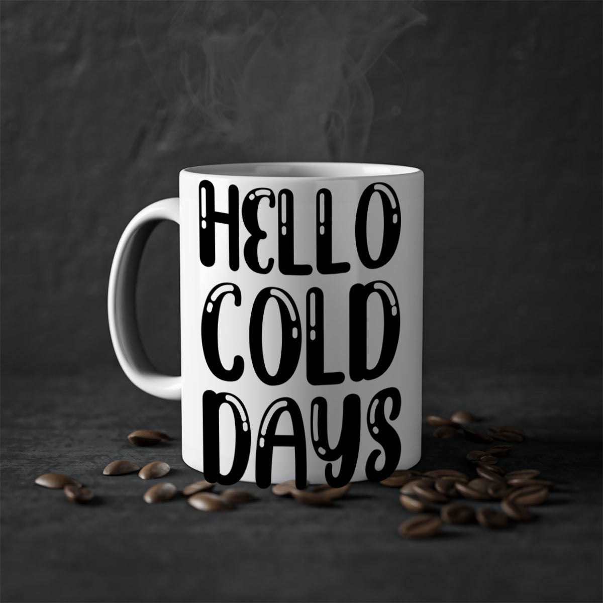 Hello Cold Days 175# winter mug with a glossy finish, featuring a colored handle and interior, available in five vibrant colors.