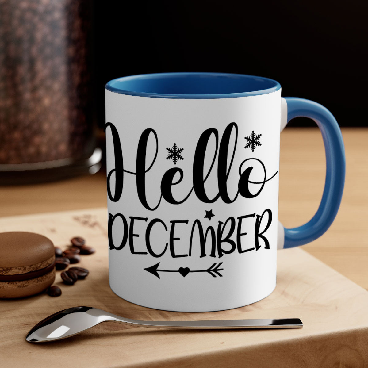 Hello December161# winter mug with a glossy finish, featuring a colored handle and interior, available in multiple colors.