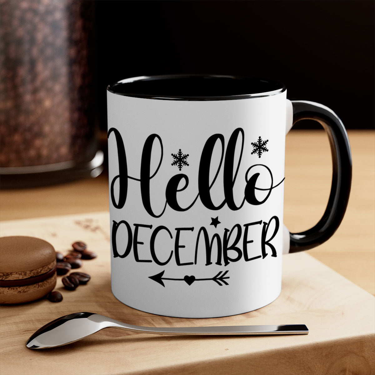 Hello December161# winter mug with a glossy finish, featuring a colored handle and interior, available in multiple colors.