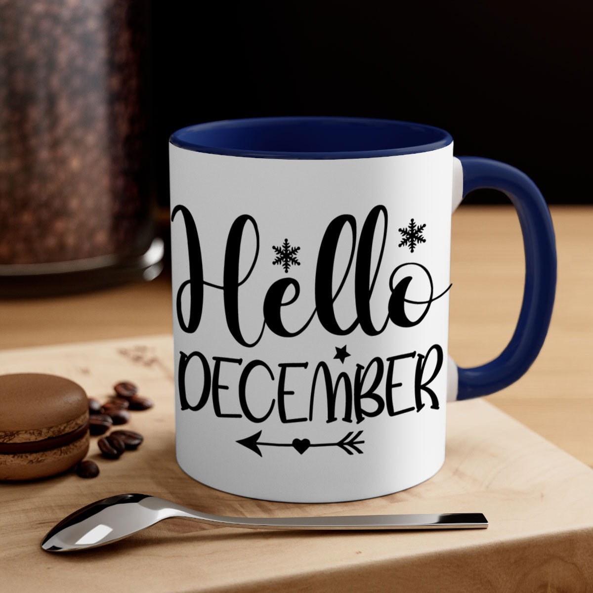 Hello December161# winter mug with a glossy finish, featuring a colored handle and interior, available in multiple colors.