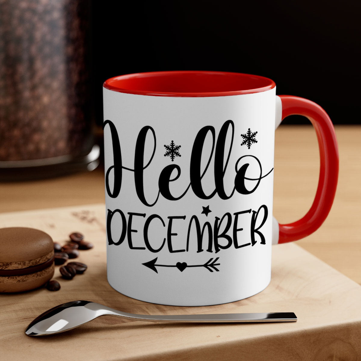 Hello December161# winter mug with a glossy finish, featuring a colored handle and interior, available in multiple colors.