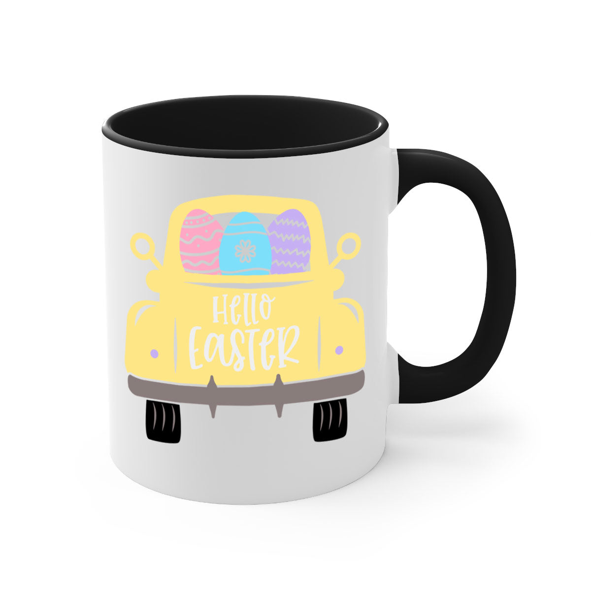 Hello Easter 33# Mug featuring a two-tone design with a colored handle and glossy finish, available in multiple colors.