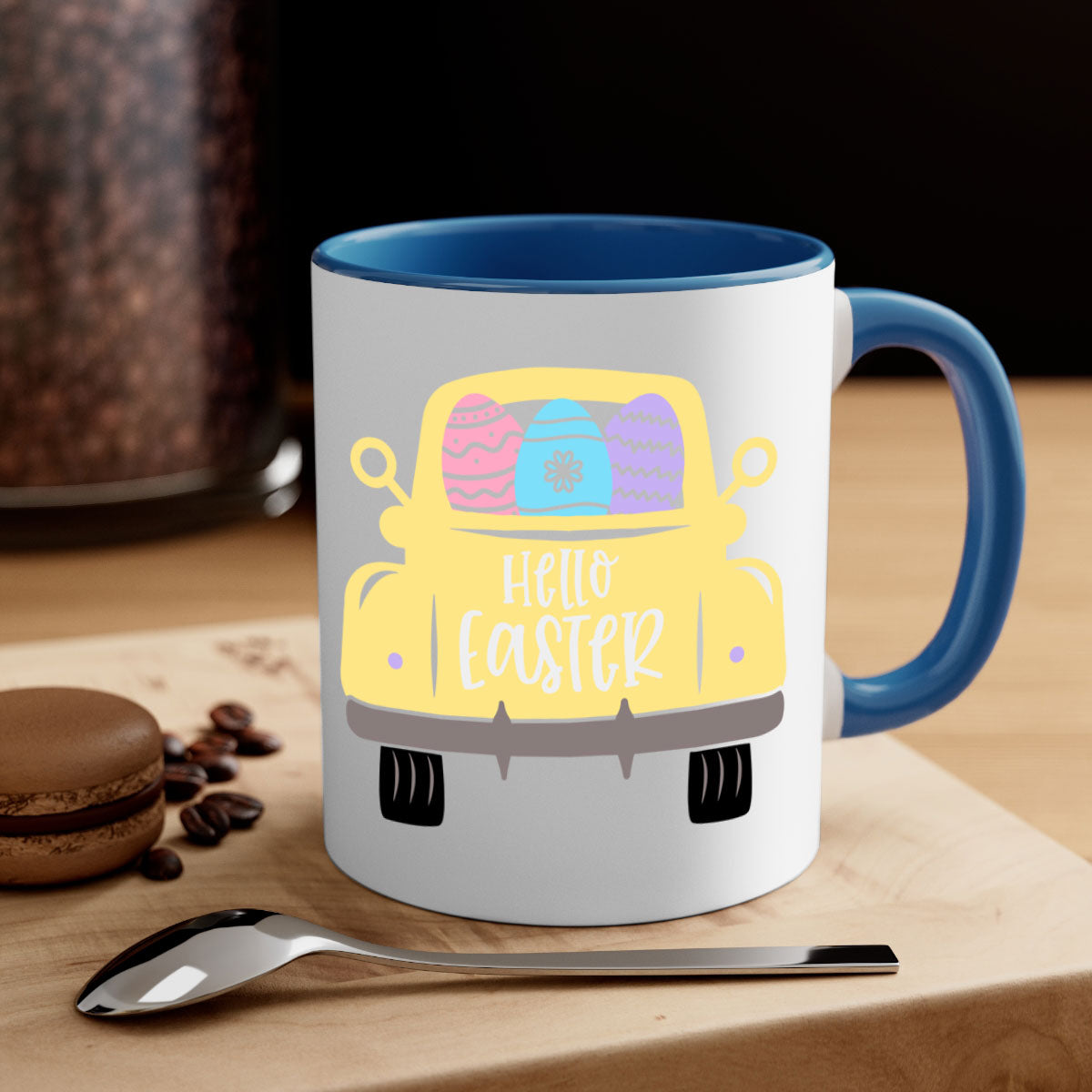 Hello Easter 33# Mug featuring a two-tone design with a colored handle and glossy finish, available in multiple colors.