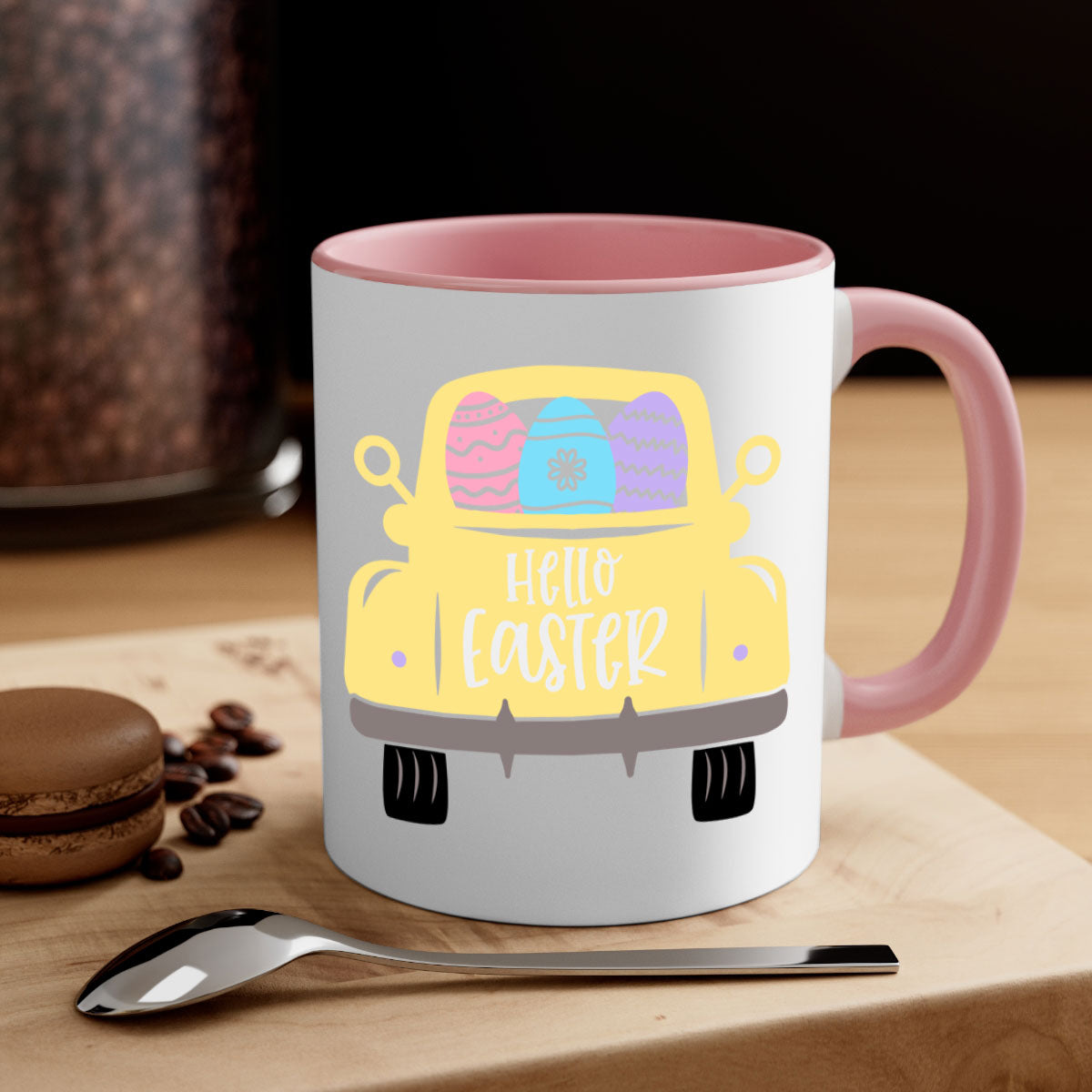 Hello Easter 33# Mug featuring a two-tone design with a colored handle and glossy finish, available in multiple colors.