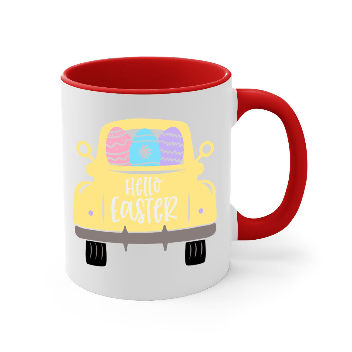 Hello Easter 33# Mug featuring a two-tone design with a colored handle and glossy finish, available in multiple colors.