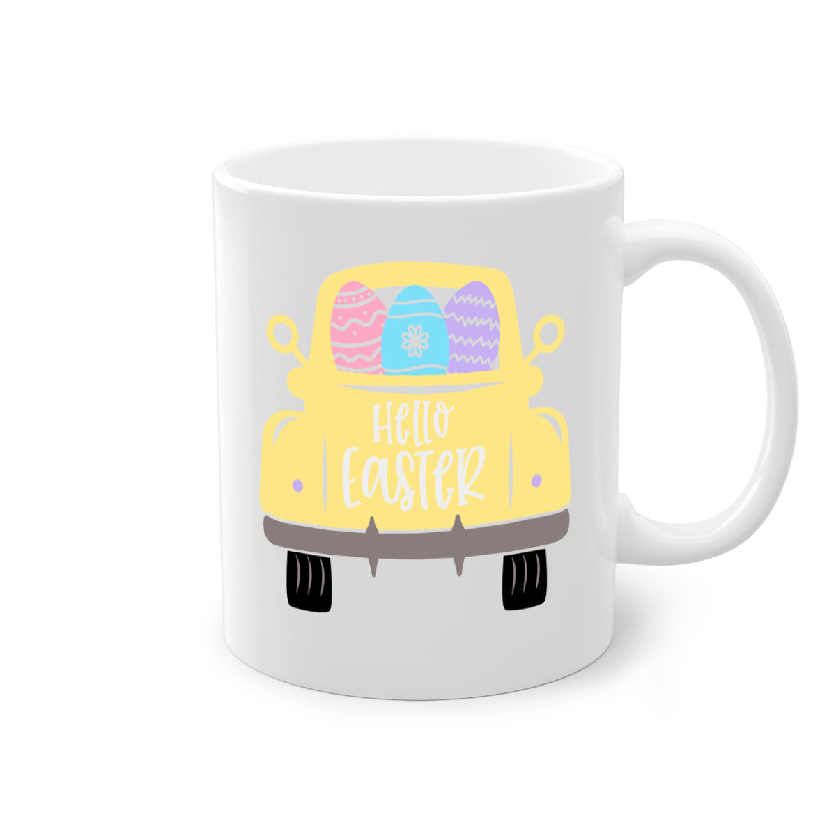 Hello Easter 33# Mug featuring a two-tone design with a colored handle and glossy finish, available in multiple colors.