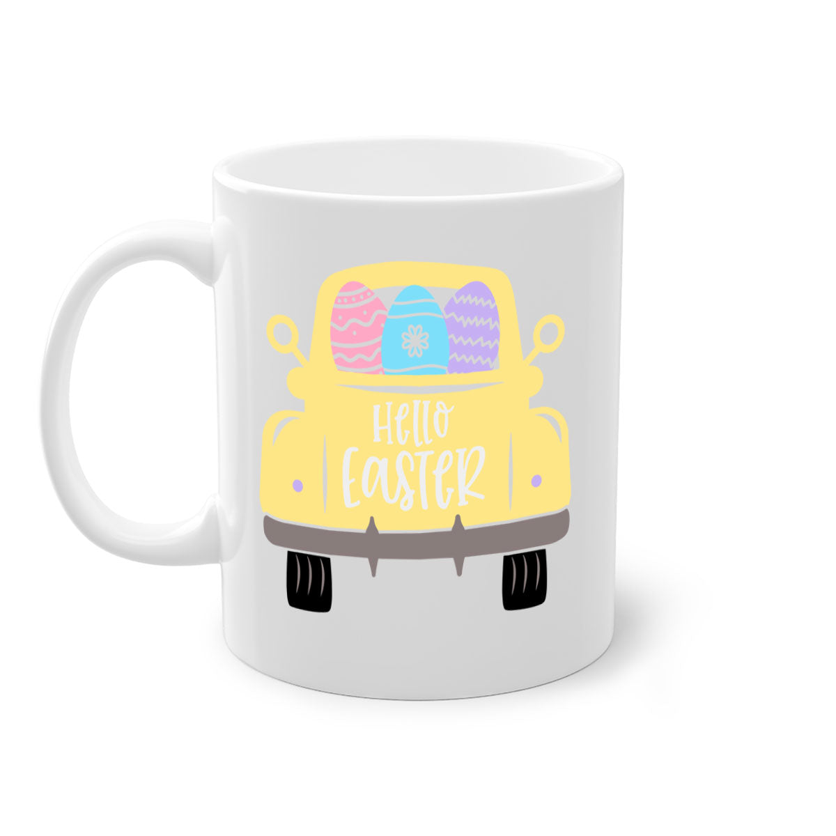 Hello Easter 33# Mug featuring a two-tone design with a colored handle and glossy finish, available in multiple colors.