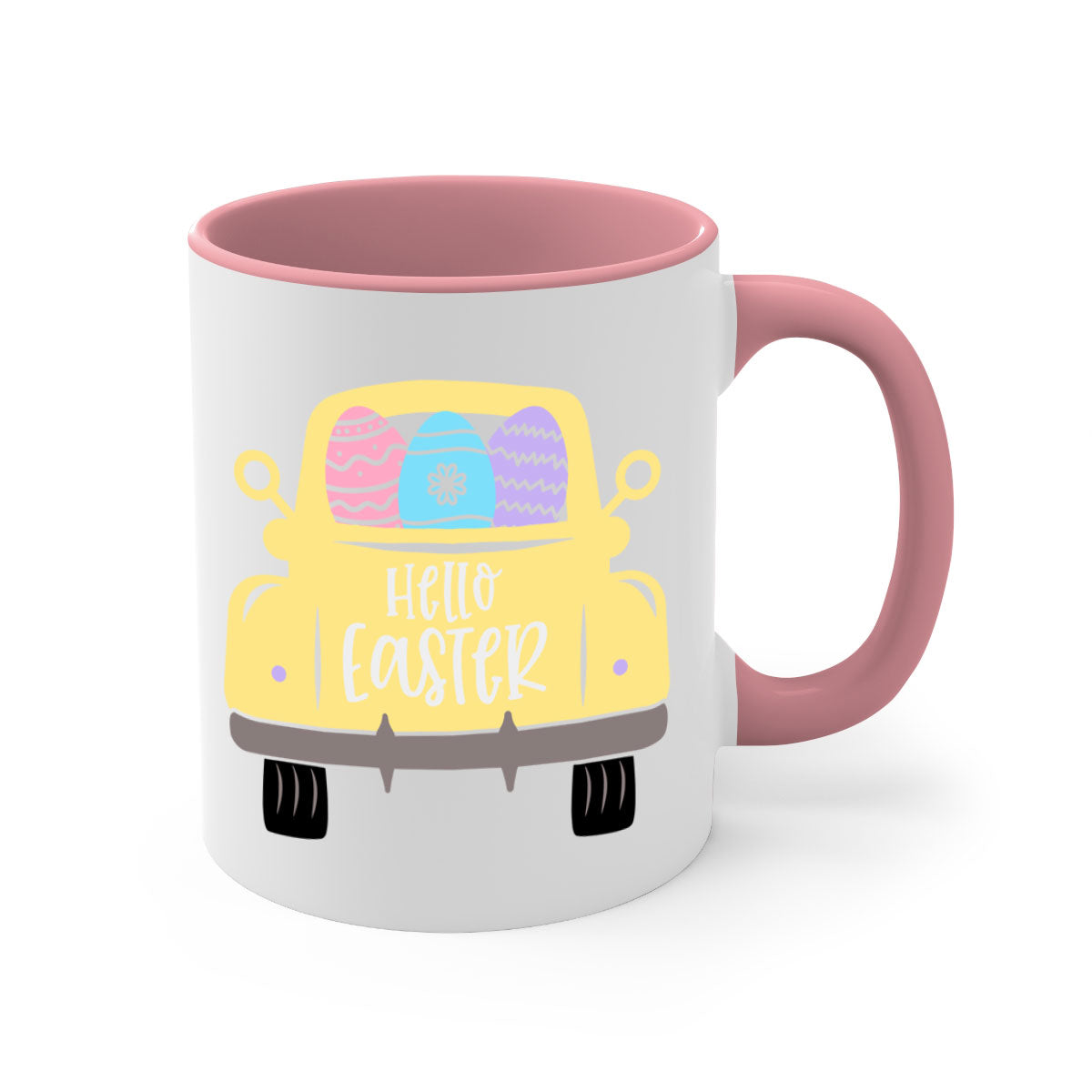 Hello Easter 33# Mug featuring a two-tone design with a colored handle and glossy finish, available in multiple colors.