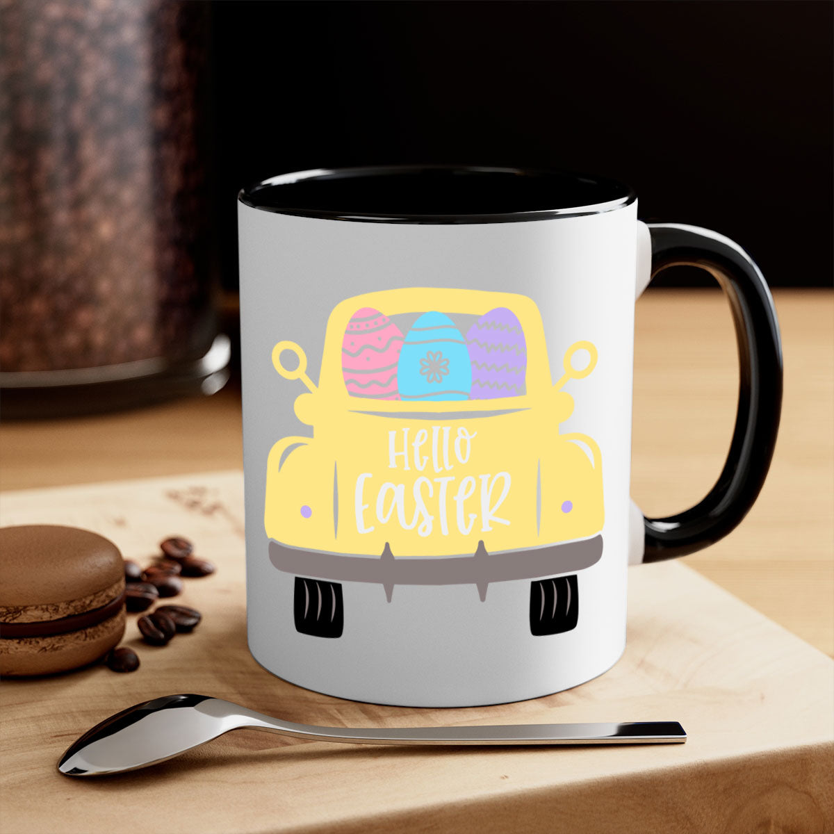 Hello Easter 33# Mug featuring a two-tone design with a colored handle and glossy finish, available in multiple colors.