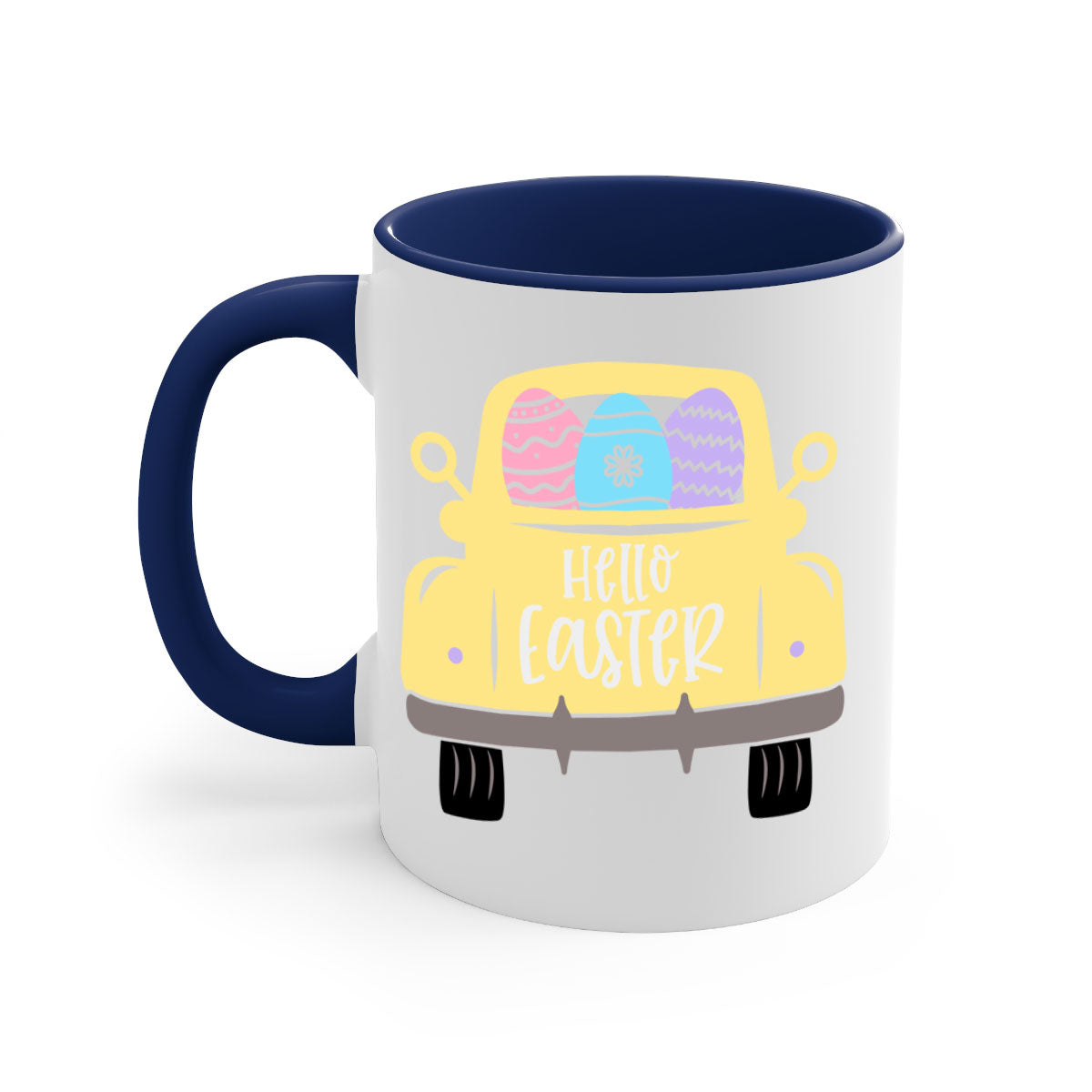 Hello Easter 33# Mug featuring a two-tone design with a colored handle and glossy finish, available in multiple colors.