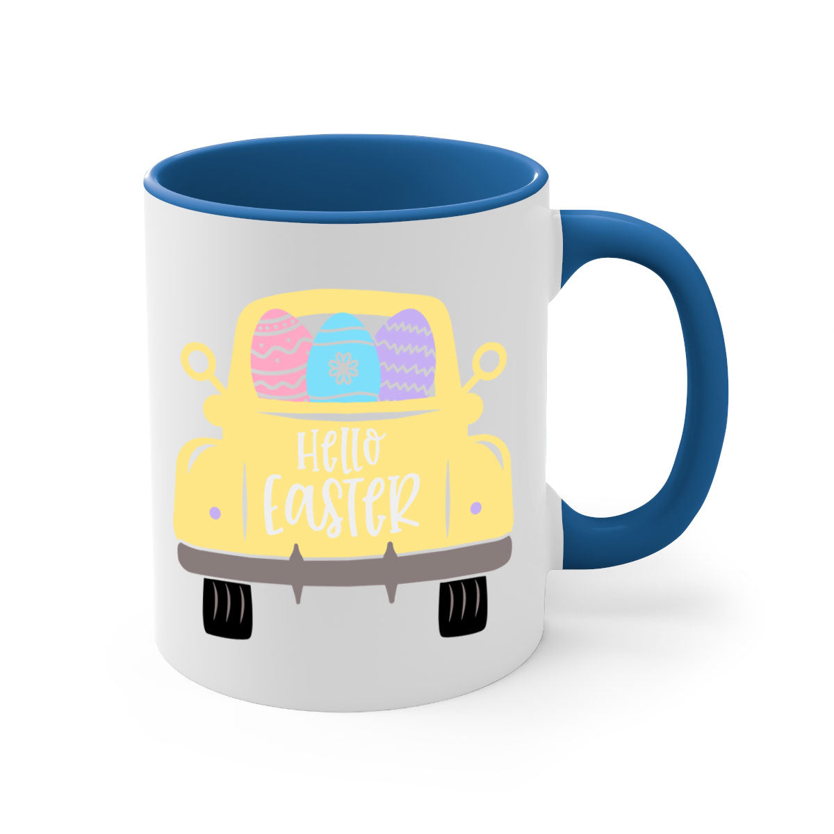 Hello Easter 33# Mug featuring a two-tone design with a colored handle and glossy finish, available in multiple colors.