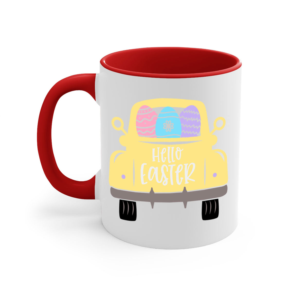 Hello Easter 33# Mug featuring a two-tone design with a colored handle and glossy finish, available in multiple colors.