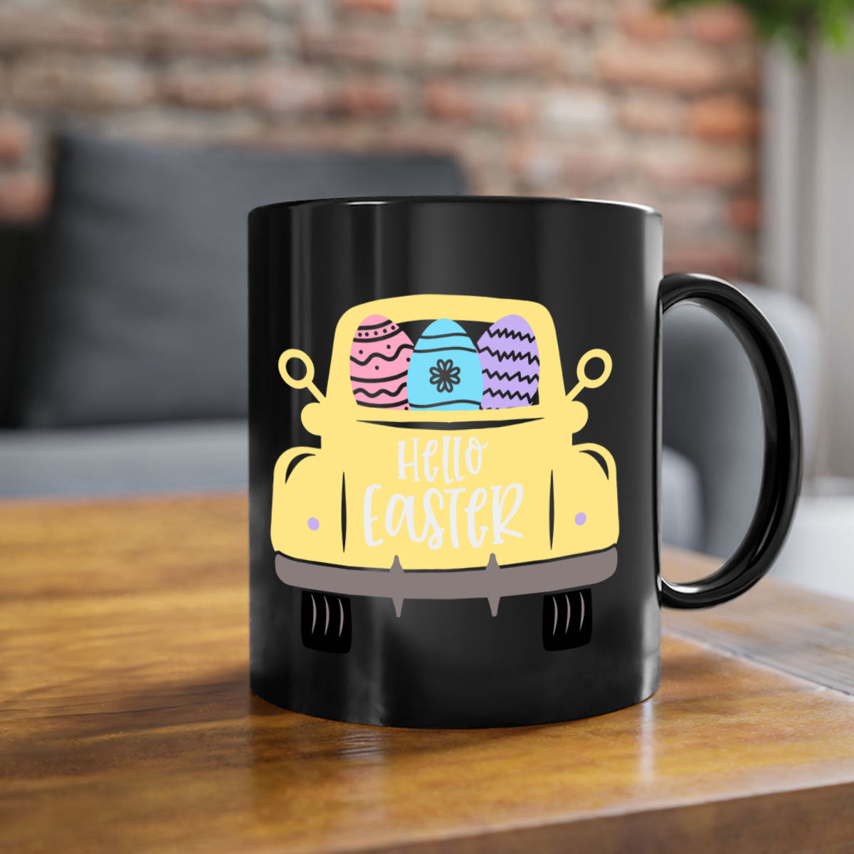 Hello Easter 33# Mug featuring a two-tone design with a colored handle and glossy finish, available in multiple colors.