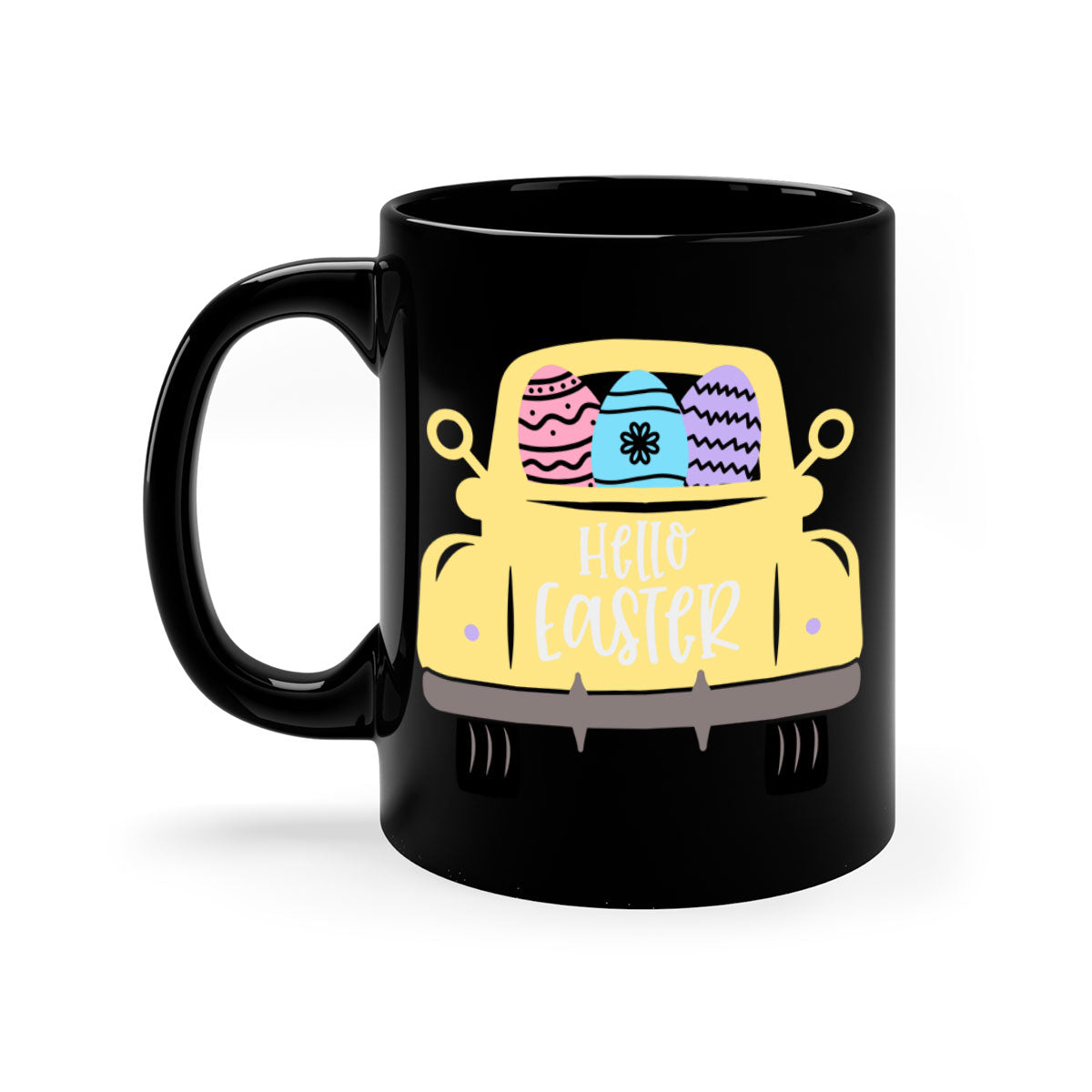 Hello Easter 33# Mug featuring a two-tone design with a colored handle and glossy finish, available in multiple colors.