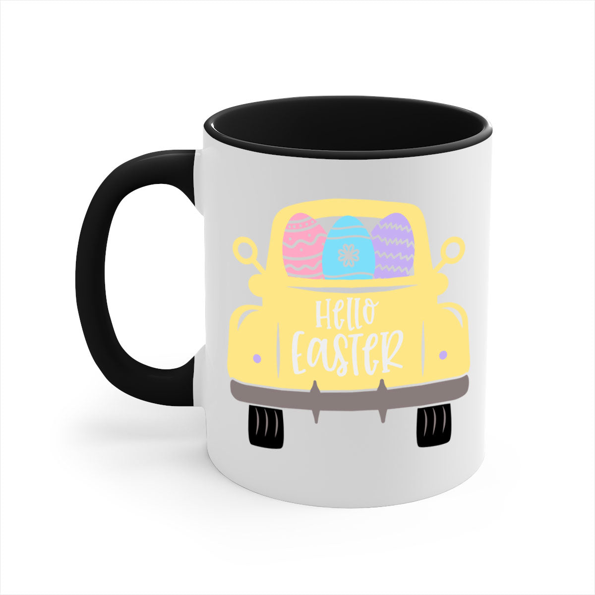 Hello Easter 33# Mug featuring a two-tone design with a colored handle and glossy finish, available in multiple colors.