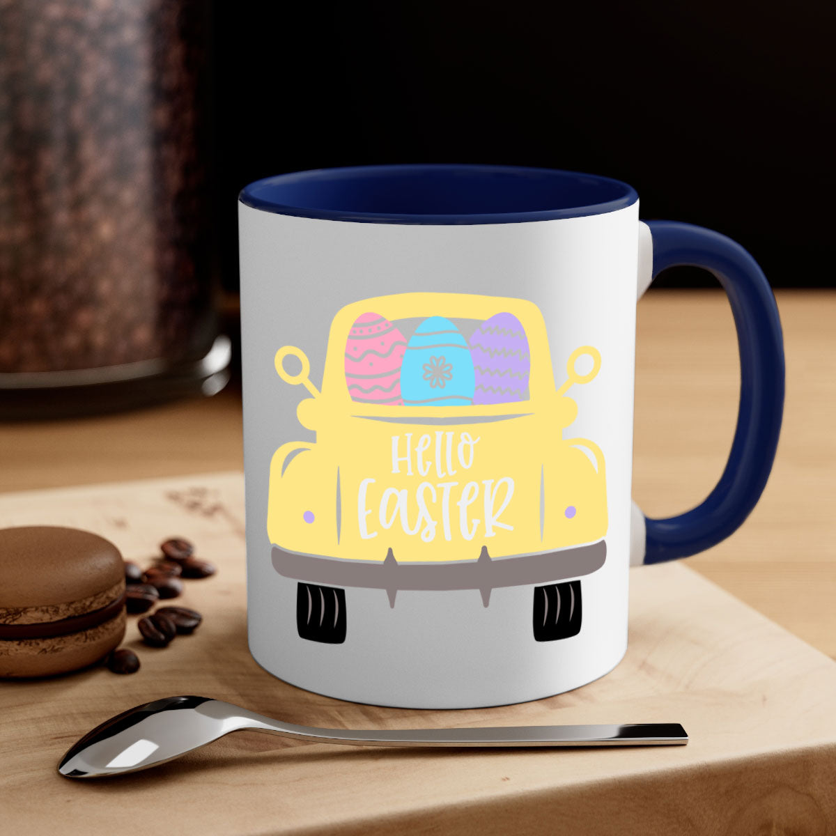 Hello Easter 33# Mug featuring a two-tone design with a colored handle and glossy finish, available in multiple colors.