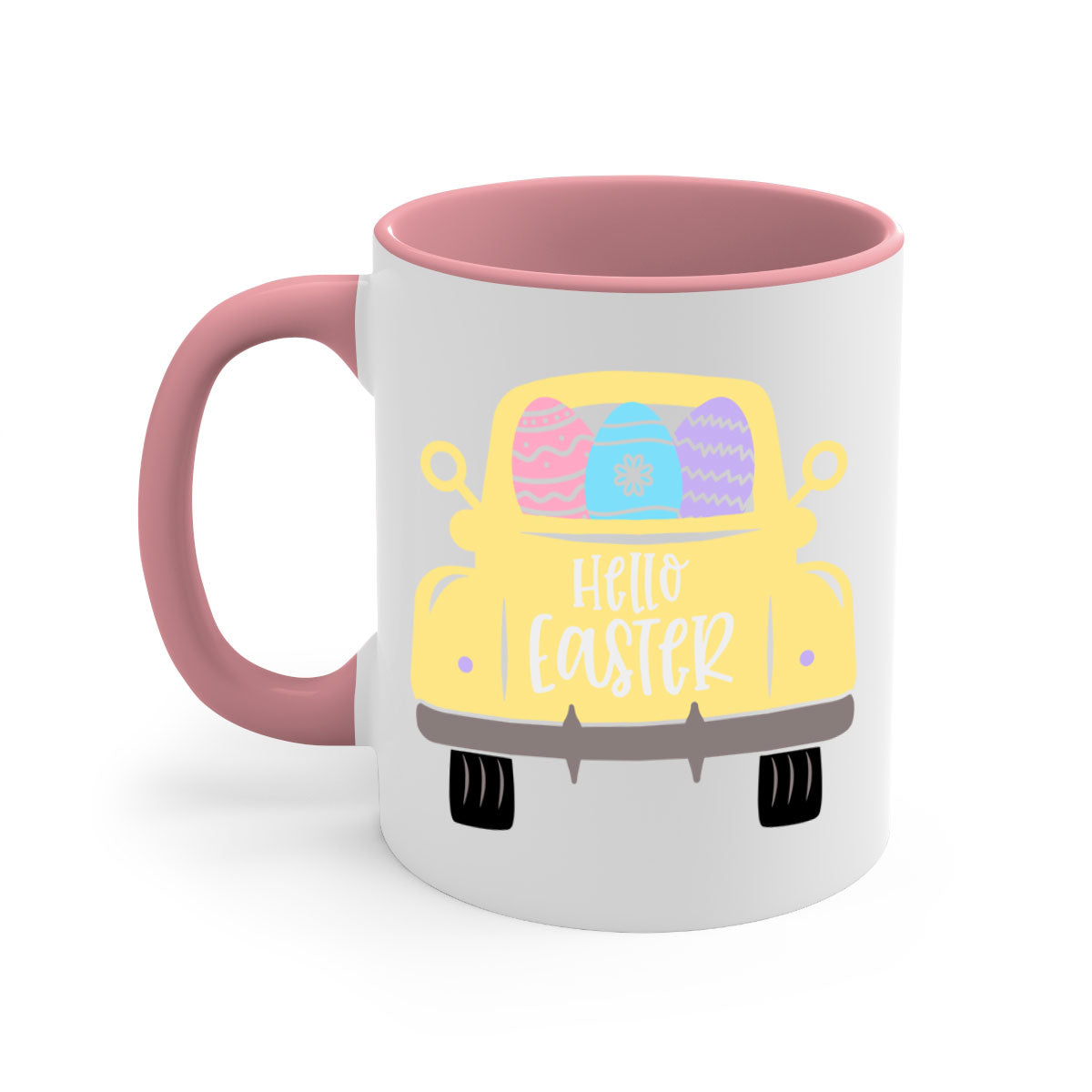 Hello Easter 33# Mug featuring a two-tone design with a colored handle and glossy finish, available in multiple colors.