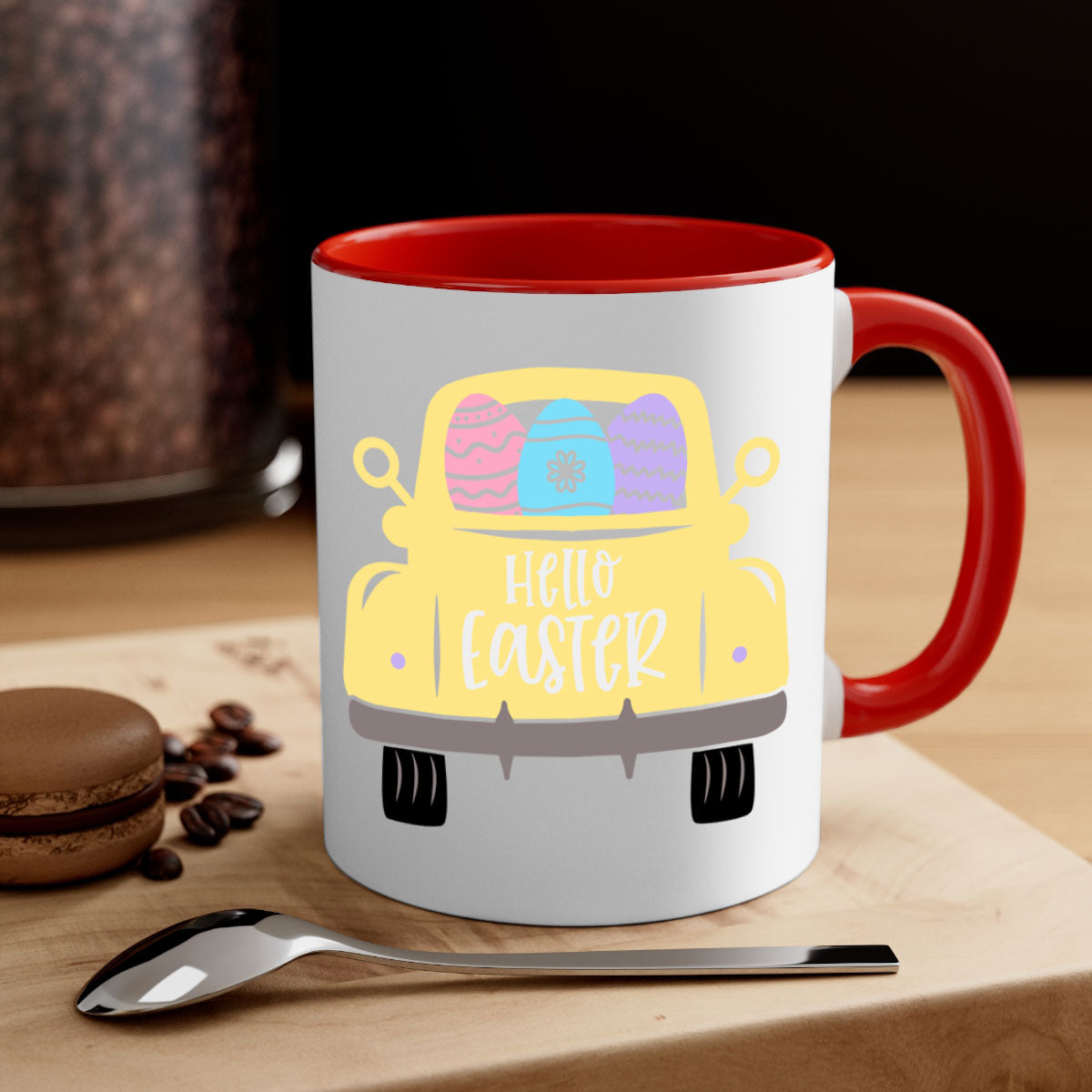 Hello Easter 33# Mug featuring a two-tone design with a colored handle and glossy finish, available in multiple colors.