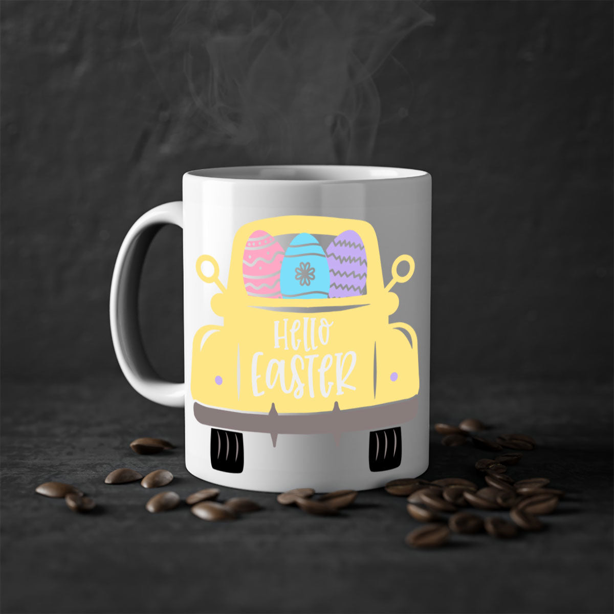 Hello Easter 33# Mug featuring a two-tone design with a colored handle and glossy finish, available in multiple colors.