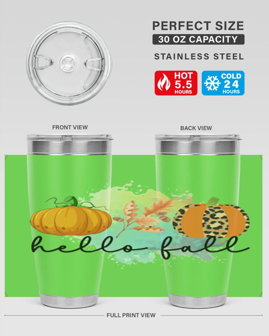 Hello Fall 20oz Tumbler featuring double wall vacuum stainless steel design with copper lining, perfect for hot and cold beverages.