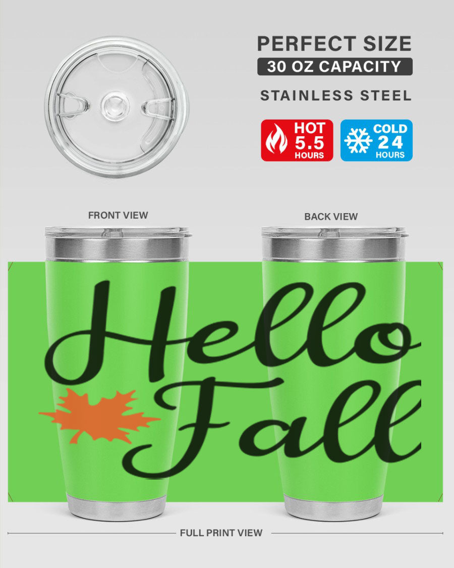 Hello Fall 20oz tumbler featuring double wall vacuum stainless steel design with copper lining, perfect for hot and cold beverages.