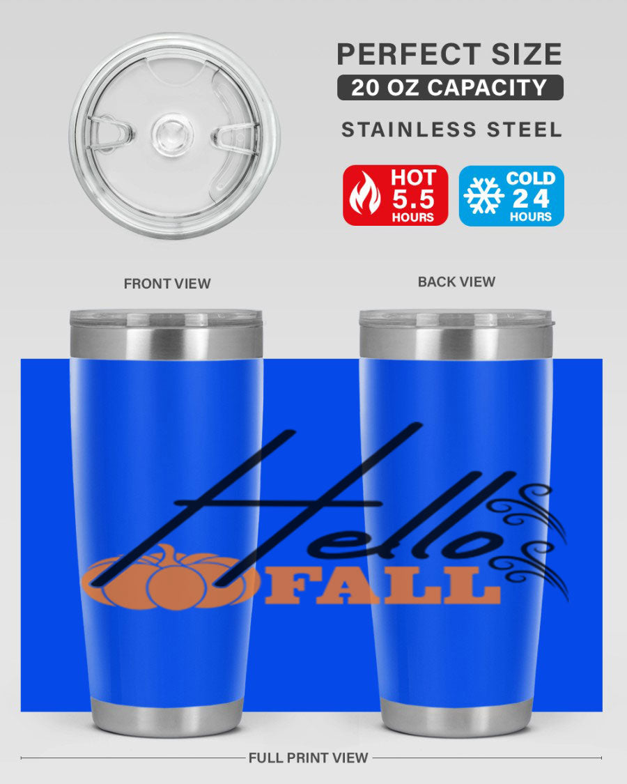 Hello Fall 20oz Tumbler featuring a stylish autumn design, made from double wall vacuum stainless steel with copper lining.