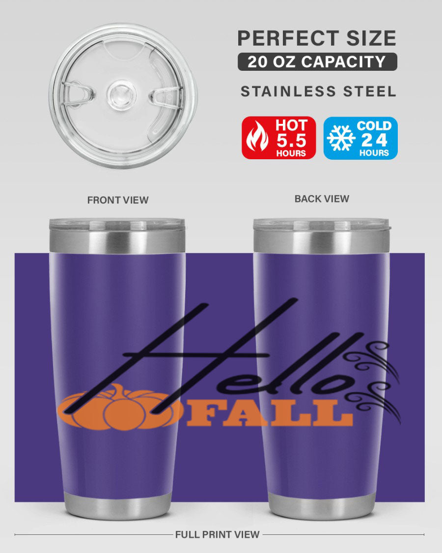 Hello Fall 20oz Tumbler featuring a stylish autumn design, made from double wall vacuum stainless steel with copper lining.