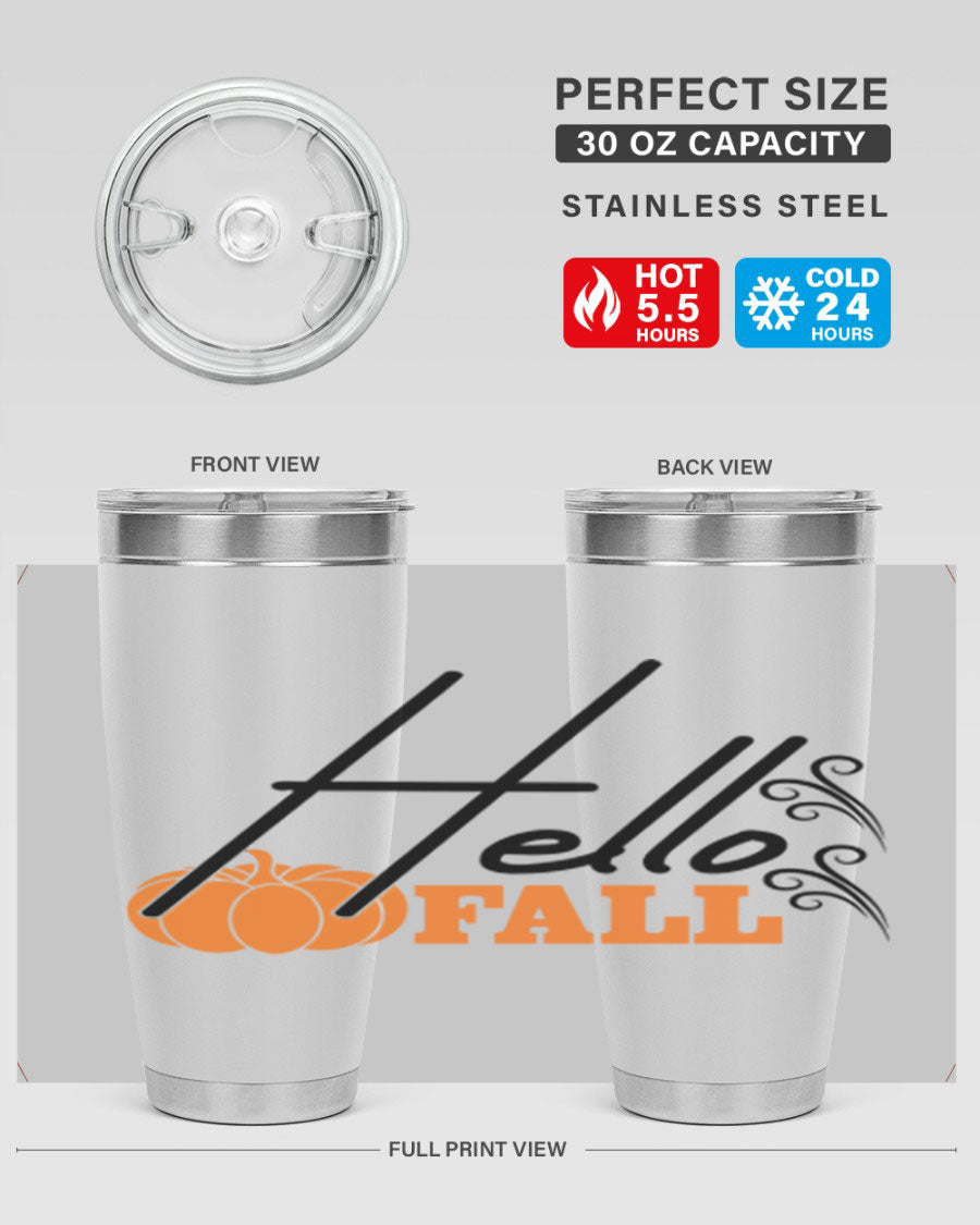 Hello Fall 20oz Tumbler featuring a stylish autumn design, made from double wall vacuum stainless steel with copper lining.